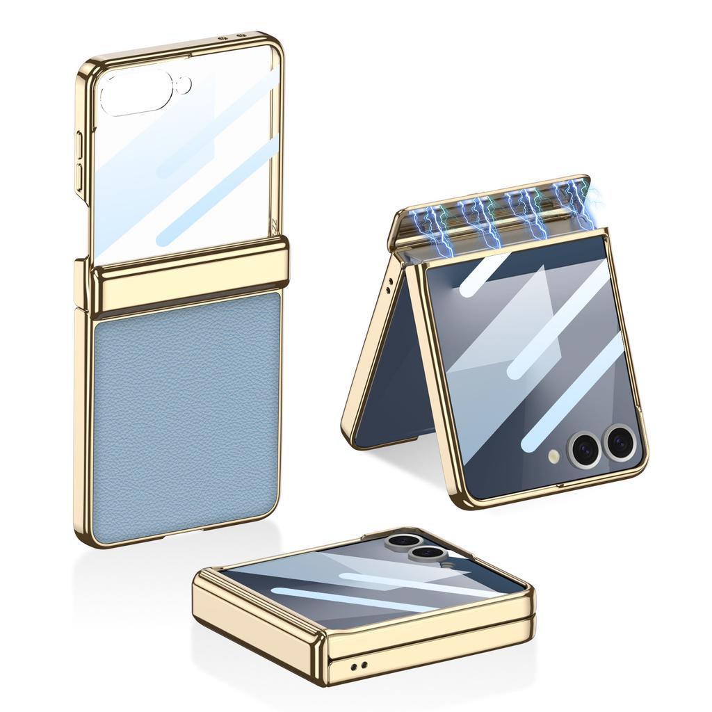 Samsung Z Flip7 Mobile Phone Case Magnetic Folding Hinge Case Film Integrated Electroplating PC Leather Protection Case