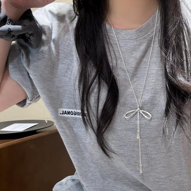 Silver long pull bow fringed necklace women's new trendy temperament versatile design sense collarbone chain