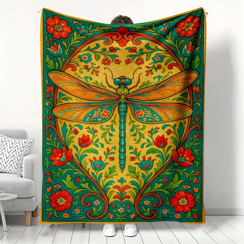 

Vibrant Floral Dragonfly Flannel printed blanket suitable for all seasons suitable for living room office sofa and travel 75x90cm