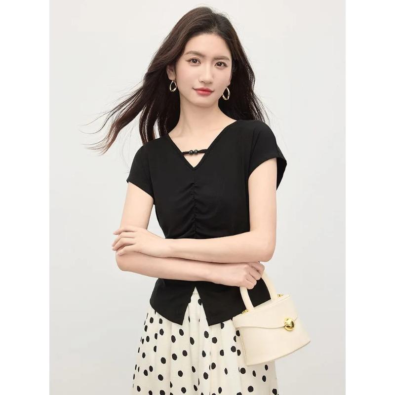 

Women s Black V-Neck Ruched Top Short Sleeve Asymmetric Hem Slim Fit Casual Blouse L чорний