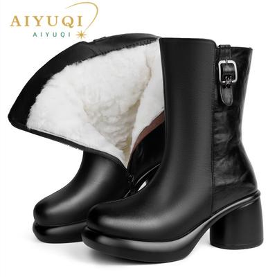Stivali invernali da donna Stivali con tacco alto in vera pelle da donna Stivali da mamma invernali caldi in lana naturale da donna
