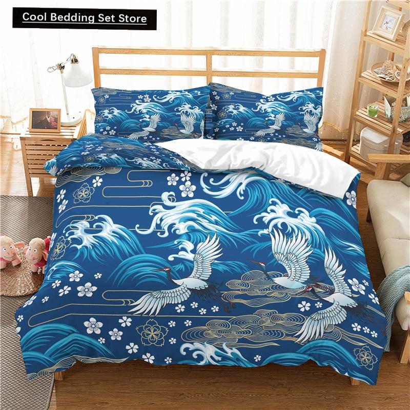 Kranich Gedrucktes Bettwäscheset 3D Rote Japanische Kirschblüten Bettbezug King Queen Größe Floral Wolke 2/3tlg. Polyester Steppdeckenbezug