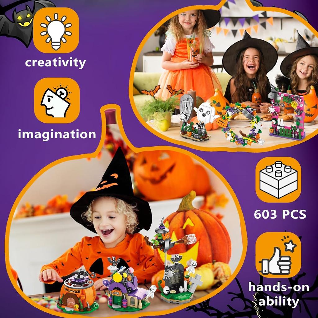 6 in 1 Halloween Prank Haunted House Small Particle Building Blocks Set Assembly Model Puzzle Toy Holiday Gifts for Children