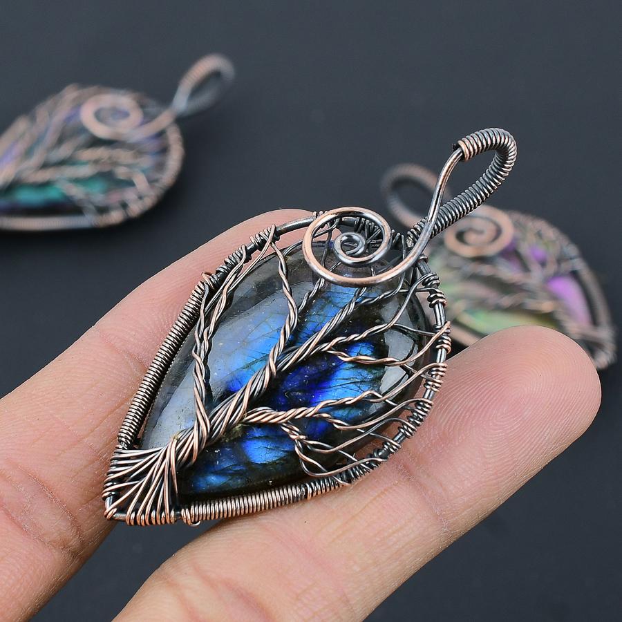 Natural Tree Of Life Labradorite Gemstone Copper Wire Wrap Pendant 2.56" h5Z62