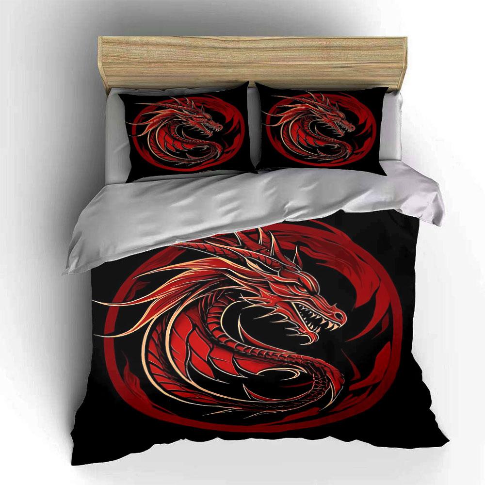 3Pcs Red Chinese Dragon Circular Frame Duvet Cover SetBlack Base Oriental Lucky Bedding with 1 Duvet Cover 2 PillowcasesGift