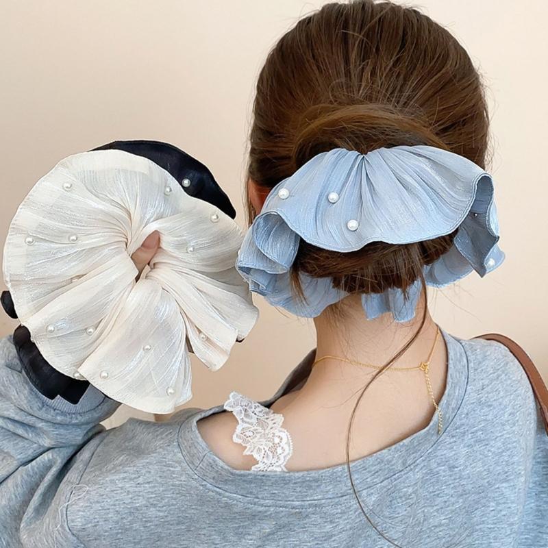 Übergroße Haargummis mit plissiertem Mesh und Perlendetail, Zopfgummi, modische Haaraccessoires für den täglichen Gebrauch