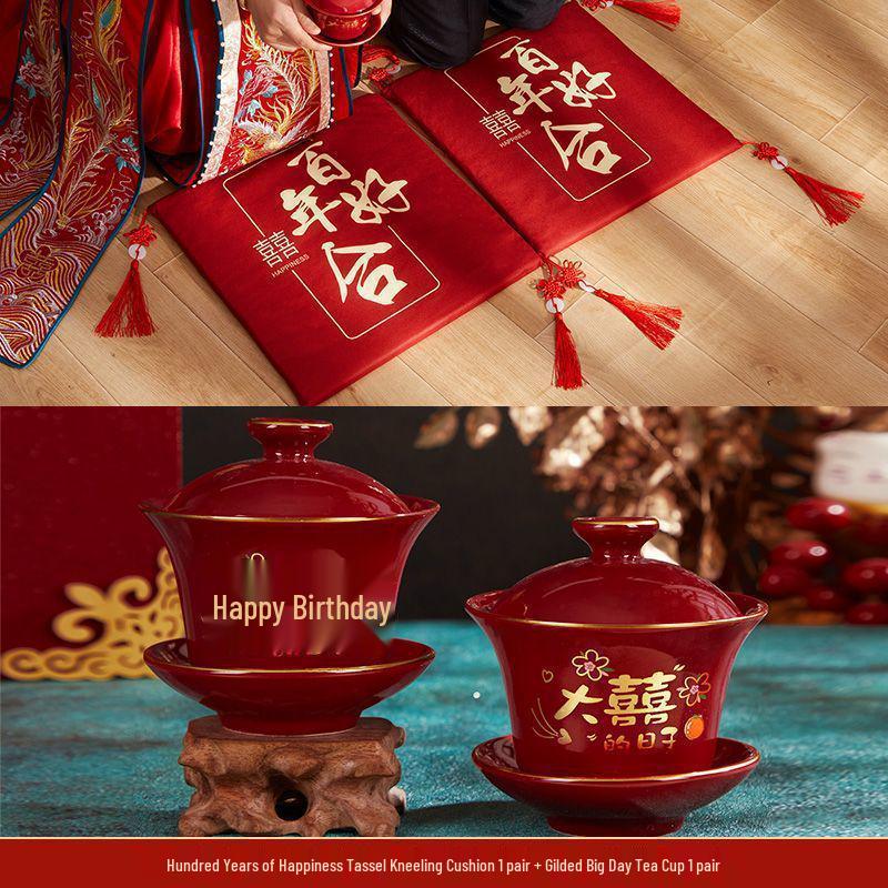 Double Happiness Wedding Kneeling Pad Set - Bride Tea Ceremony Cushions for Sitting and Celebration (Pair)