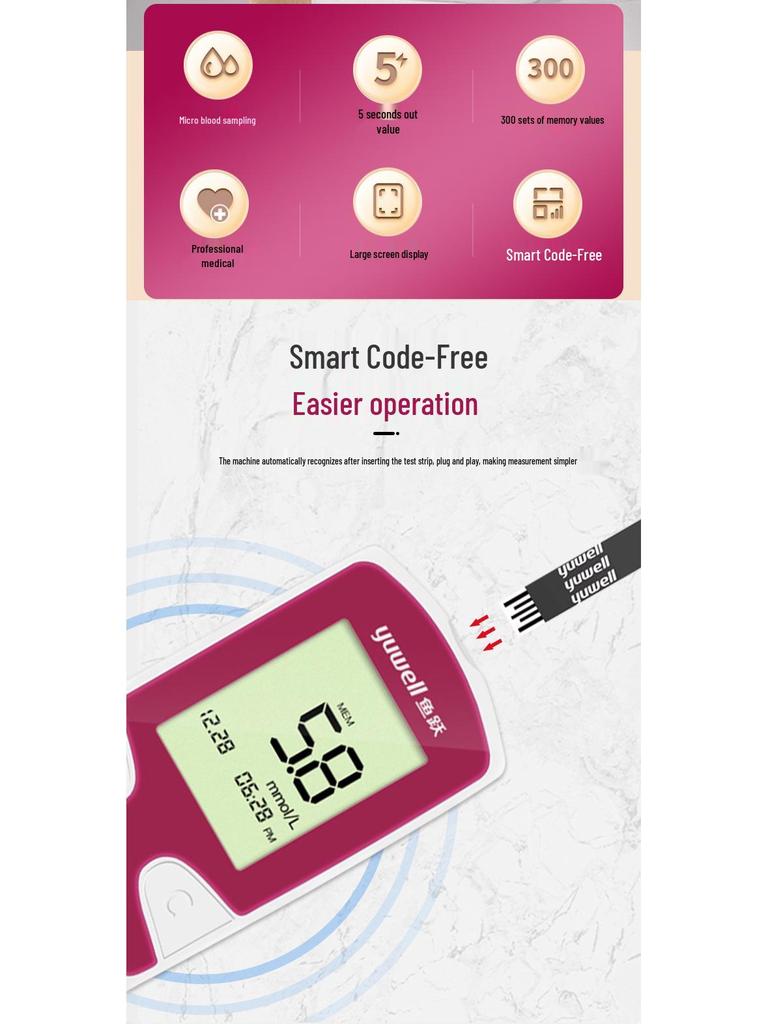 Yuyue Model 306 Blood Glucose Test Strips, No Coding, Type 2 Home Use, 50 Strips/Box