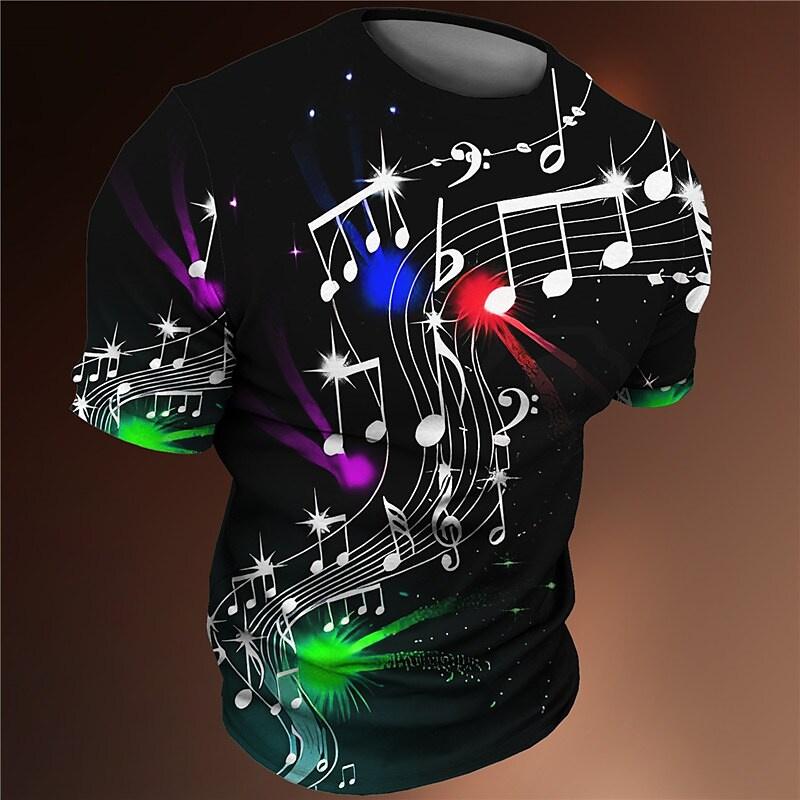 3D Printed Colorful Music T-Shirt For Men Musical Notes Pattern T Shirts Summer Casual Loose Tees Round Neck Tops Short Sleeves