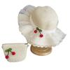 Kids Summer Beach Straw Hat Wide Brim Sun Protection Cap with Simple Lace and Cherry Decoration for Girls Outdoor Travel
