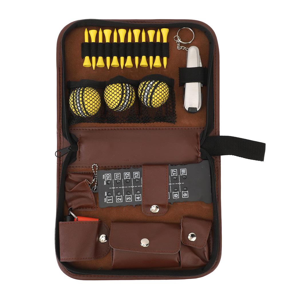 6 in 1 Golf Accessory Bag PU Leather with Tees Scorer Divot Tool Ball Clamp Brush Golf Essentials Storage Case for Gift