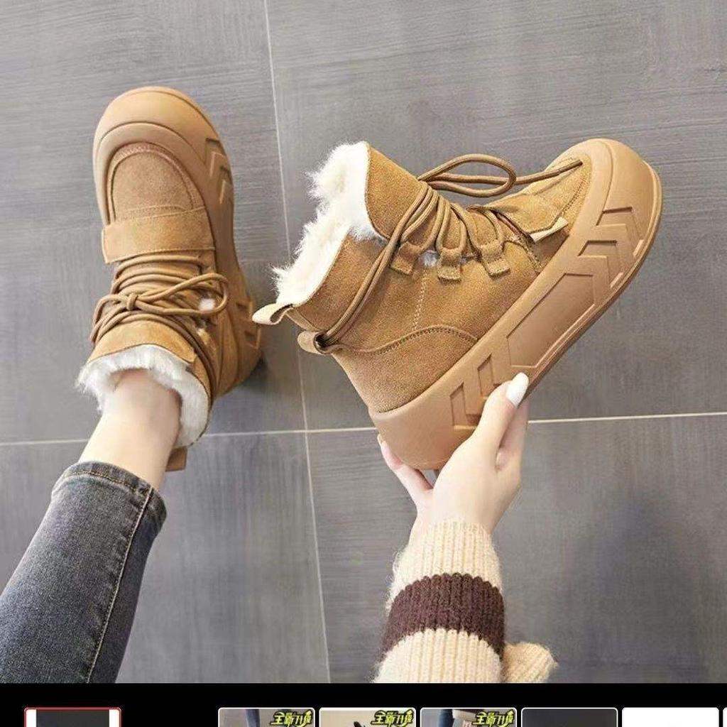 Frosted cowhide velvet warm and heightened thick-soled snow boots for women's 2025 winter new retro high-top short cotton boots