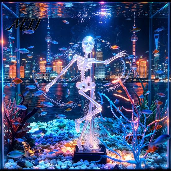 Ornamenti per Acquario Teschio Scheletro Danzante Decorazione con Bolle, Ornamento Mobile Pneumatico per Acquario Paesaggistica Acquatica con Aria da 1 Metro