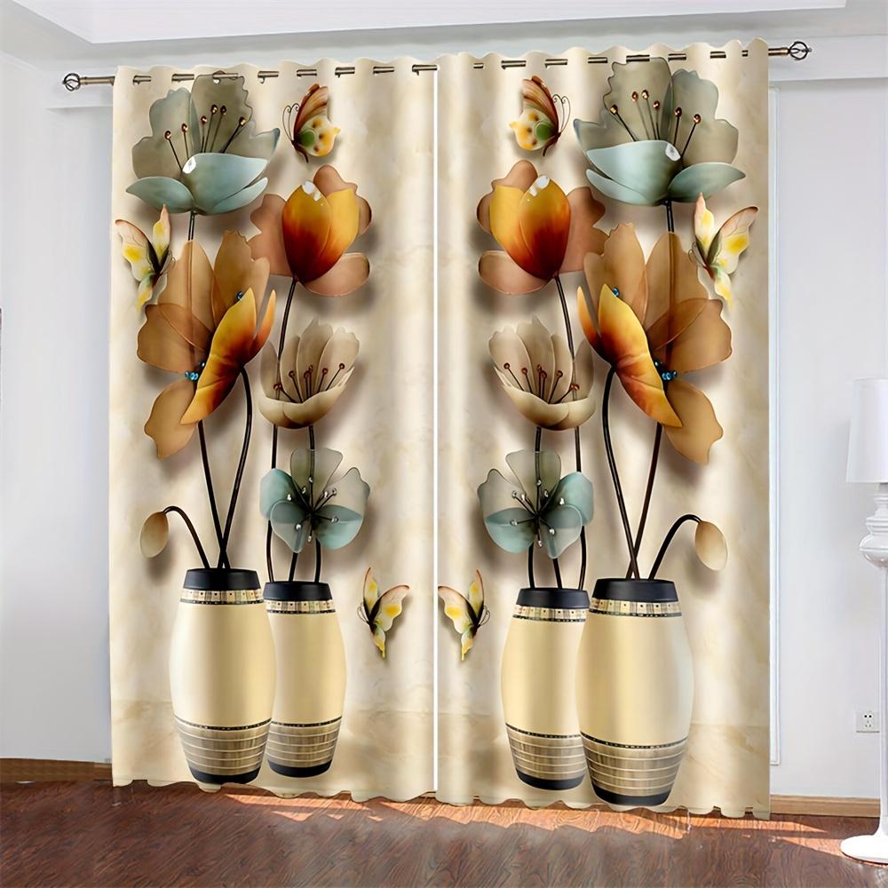 2pcs 3D Beautiful Vase Lotus Flower Digital Printed Curtain Living Room Curtains  Grommet Top Curtains Living Room Office Home