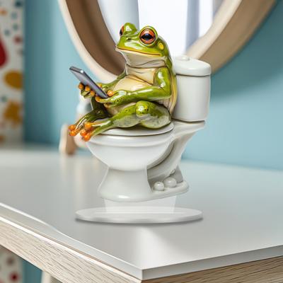 Frog On Toilet Acrylic Decor, 2D Funny Bathroom Shelf Figure, Cute Assembled Statue for Desk Living Room Office, Humor Gift for Friends