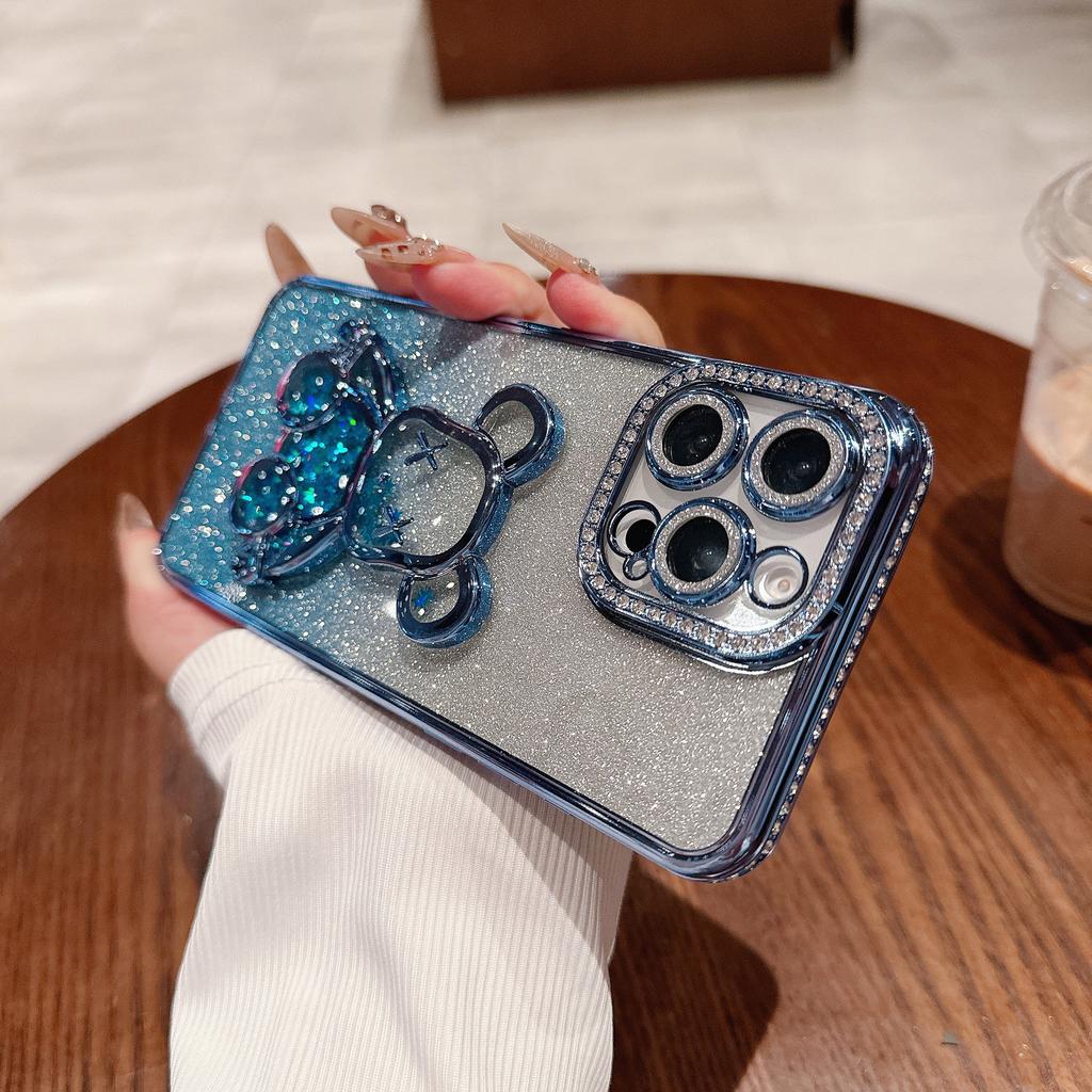 Applicable To IPhone 16 Mobile Phone Case Rhinestone Flash Powder Quicksand Violent Bear Apple 15 ProMax Advanced Sense Anti-fall Cover