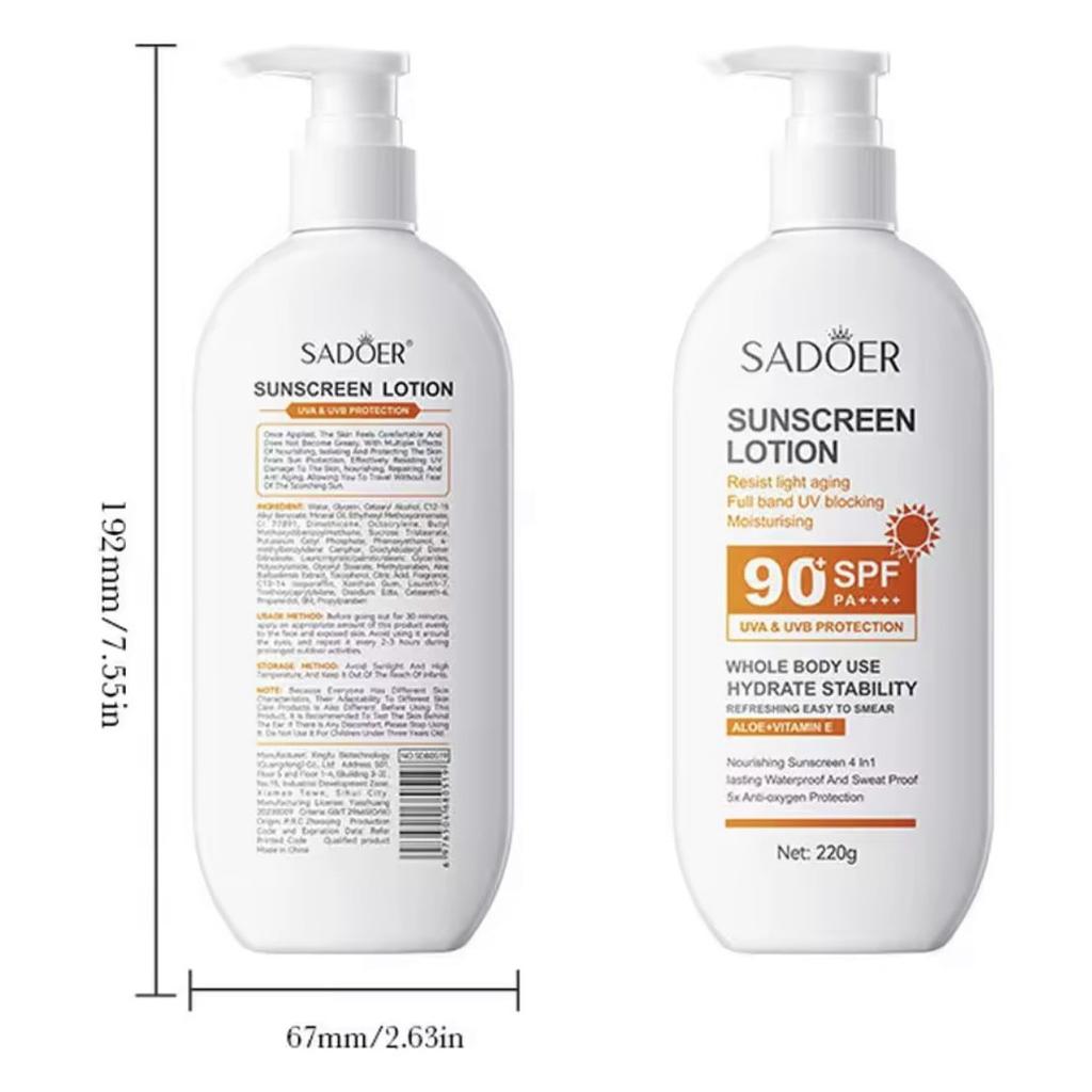 SPF 90+ Sunscreen Lotion 2-Pack, Moisturizing & Antioxidant, Waterproof, Lightweight, for All Skin Types, 2x220g
