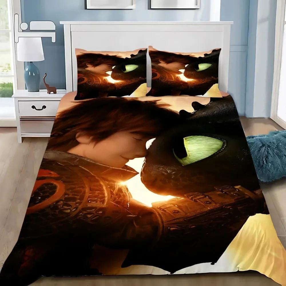 3D Cartoon T-Toothless Flying Duvet Cover and Pillowcase, Home Bedding Set Queen Size, Bedroom Decor, Gift for Teen Boy and Girl