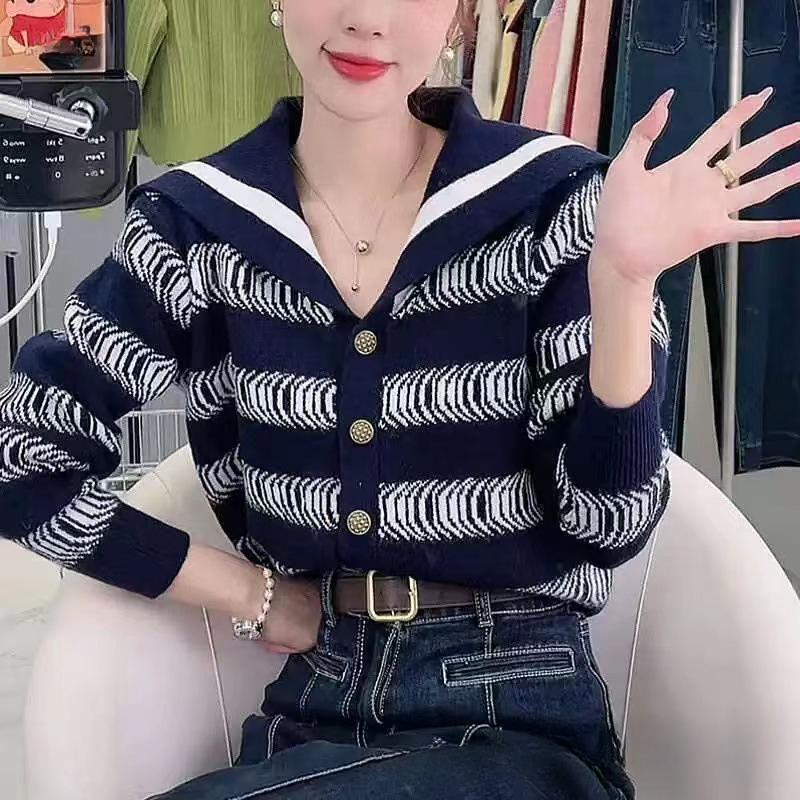 

Осенне-зимний женский трикотаж с воротником темно-синего цвета, узкий полосатый свитер с длинными рукавами, кардиган, куртка One Size тёмно-синий