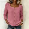 Women's V-Neck Three-Quarter Sleeve Button Down Blouse for Work in Cotton Linen