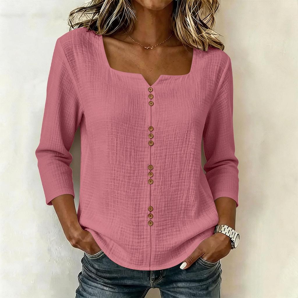 Women's V-Neck Three-Quarter Sleeve Button Down Blouse for Work in Cotton Linen