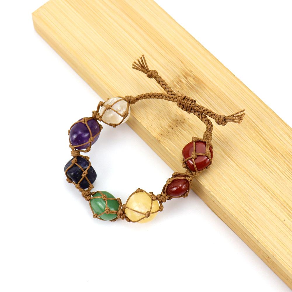 Natural Crystal Rough Stone Mesh Pocket Woven Bracelet Bracelet, Women'S Brown Rope Hand-Woven Colorful Crystal B89