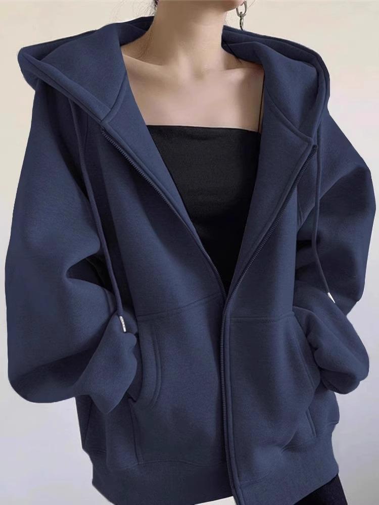 Solid Color Women's Hooded Fleece-Lined Cardigan Jacket - American Retro Lazy Style for 2025 Autumn/Winter