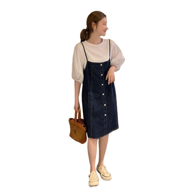 Women's 2026 Summer Two-Piece Denim Overall Dress: European High-End Slimming Fashion, Casual Niche Suspender Skirt