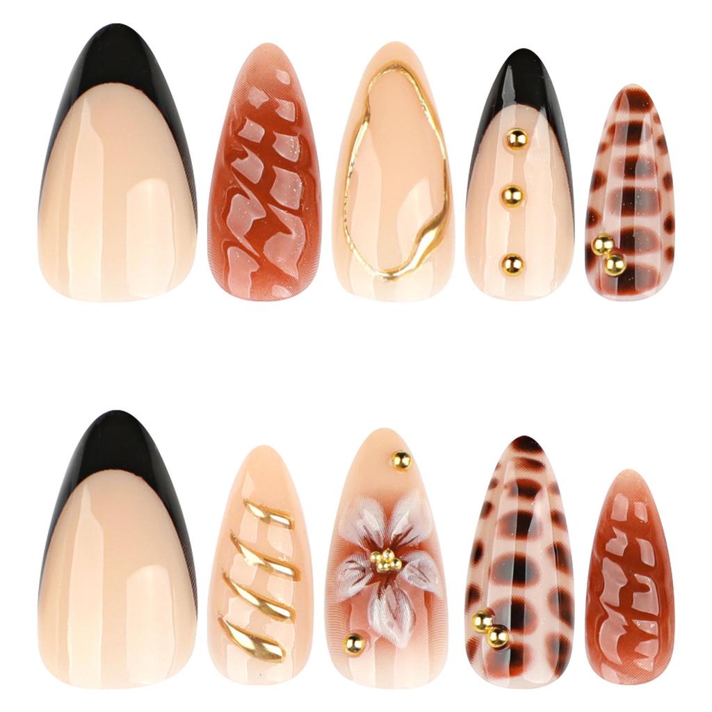 3D Crocodile Pattern French Black Almond Nail Tips for Autumn & Winter