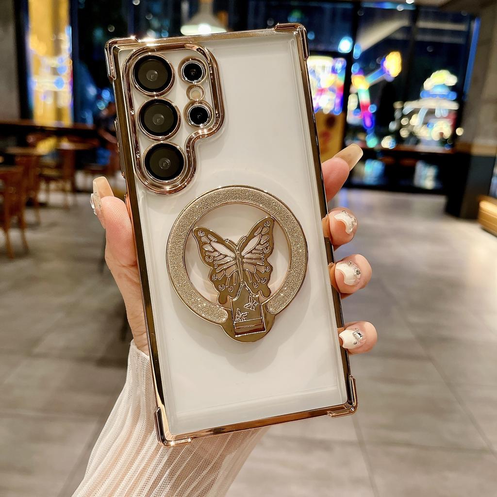 Suitable for Samsung S25 Ultra Mobile Phone Case Flash Powder Butterfly Magnetic Suction Bracket A53 Four Corner Airbag Anti Fall Protection Case