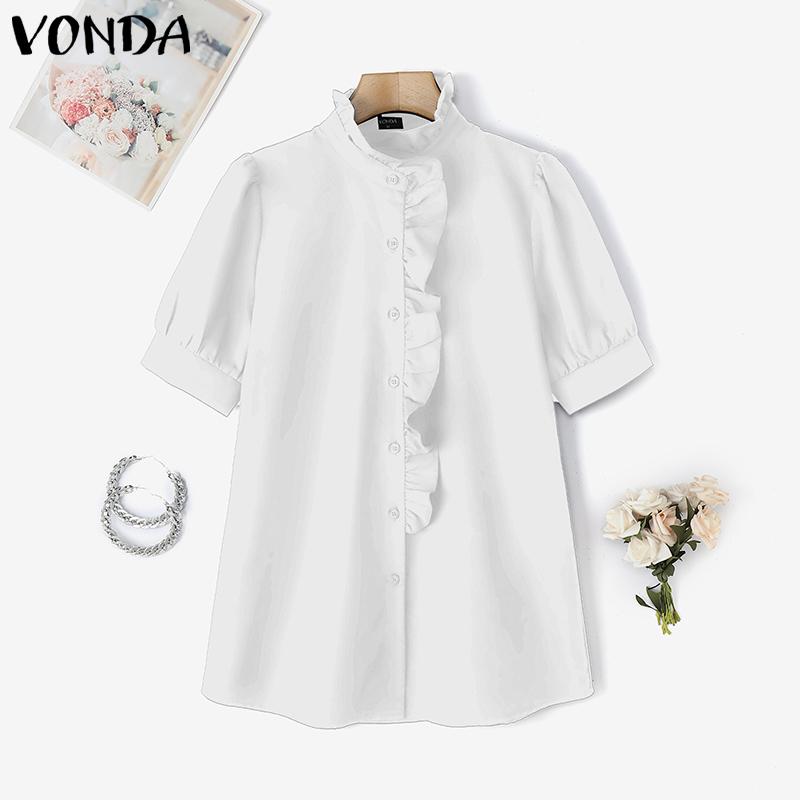 VONDA Women Ruffled Stand Neck Short Sleeve Buttons Up Casual Blouse