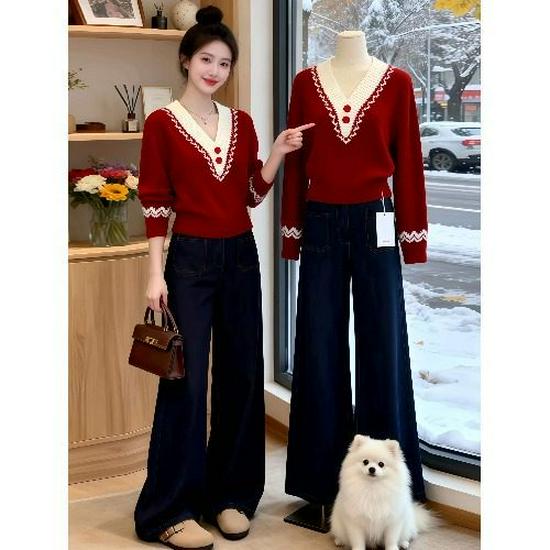 

Plus Size Fair Isle V-Neck Red Sweater for Women - Autumn/Winter 2026 4XL (180-200 jin)