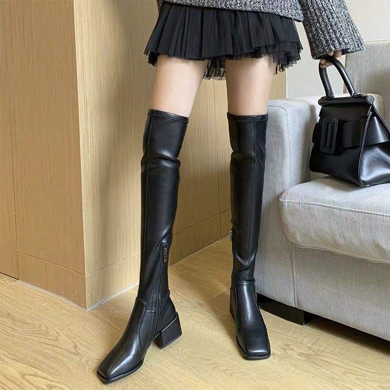 Boots women over the knee 2025 autumn and winter new women's boots square head small elastic long tube thin winter boots velvet