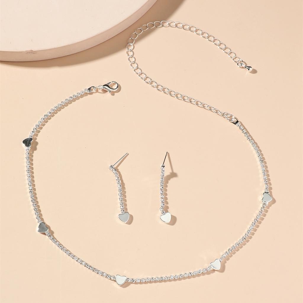 Fashion Rhinestone Love Necklace Earrings Set, Shiny Bridal Necklace Earrings