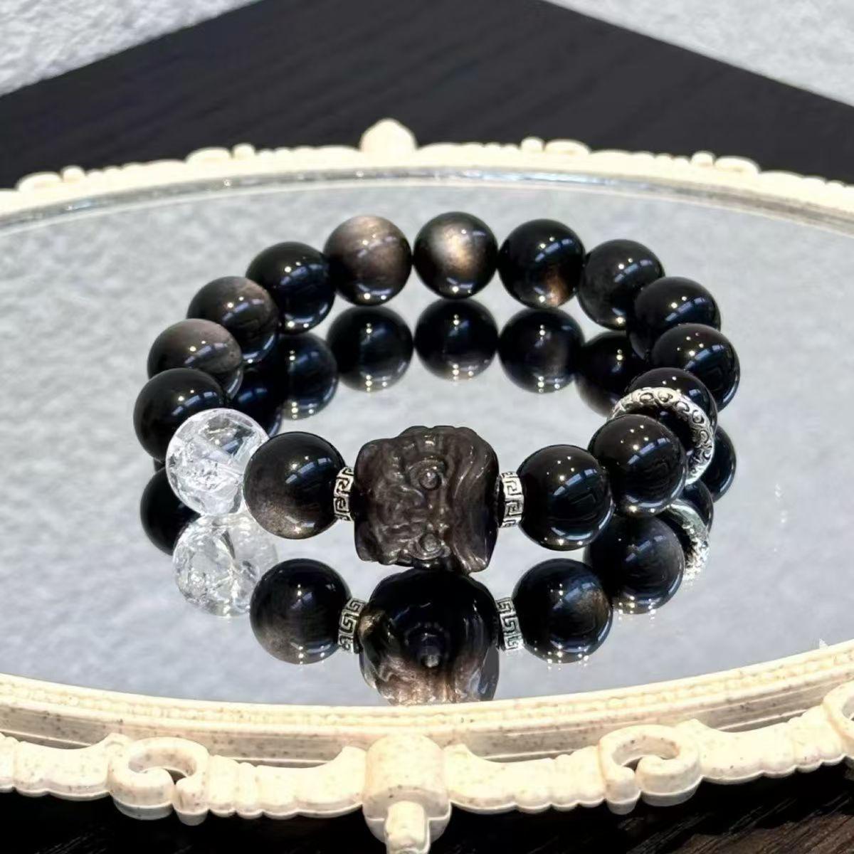 

Natural obsidian lion bracelet, silver obsidian black and white crystal dark style cat s eye stone bracelet for men and women, couple s jewelry Men s12mm Bead Diameter