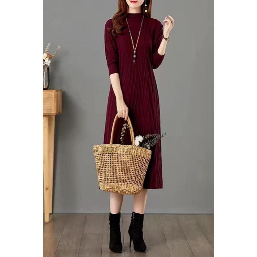 

Однотонный шерстяной свитер осень-зима платье женское большого размера средней длины выше колена трикотажное платье One Size бордовый
