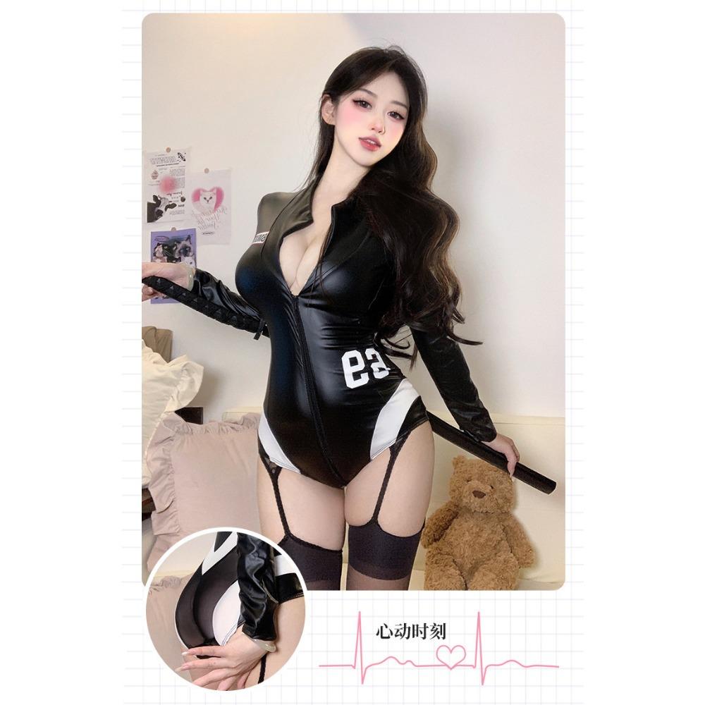 Sexy Underwear Sexy Deep V Zipper Onesie Uniform Suit Locomotive Suit Free Patent Leather Hot Nightclub Cross-border