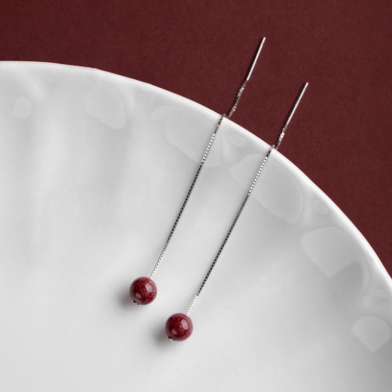 New Cinnabar Pure Silver Ear Thread, Hypoallergenic Earrings, Simple Women's Ear Studs, Ear Piercing Care, Birthstone Gift