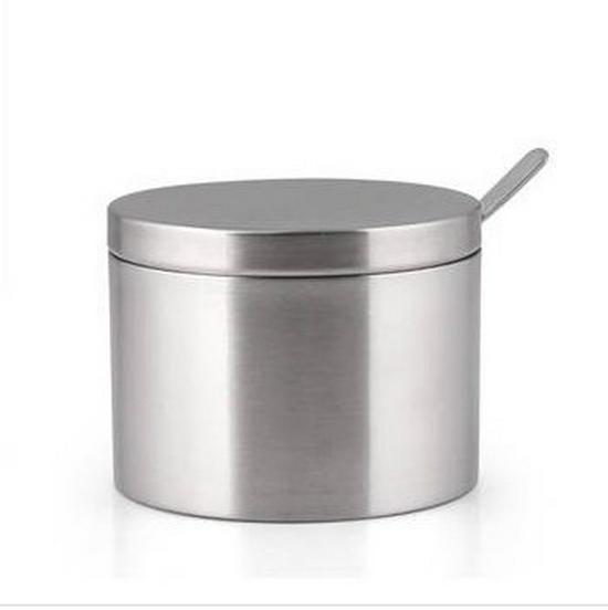 Stainless Steel Seasoning Jar with Spoon – Cylindrical Salt and Sugar Container, Kitchen Utensil.