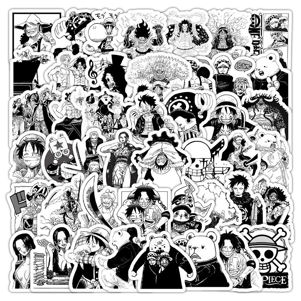 100 Black & White One Piece Graffiti Stickers: Cartoon 2D Decorative Stickers for Phones, Luggage, Water Bottles.
