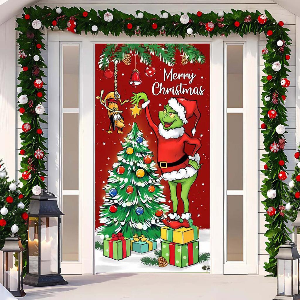 Capa de Porta de Natal Pano Decorativo Pendurado Capa de Porta Verde Cortina de Porta de Natal Tapeçaria de Ano Novo Fundo de Capa de Porta