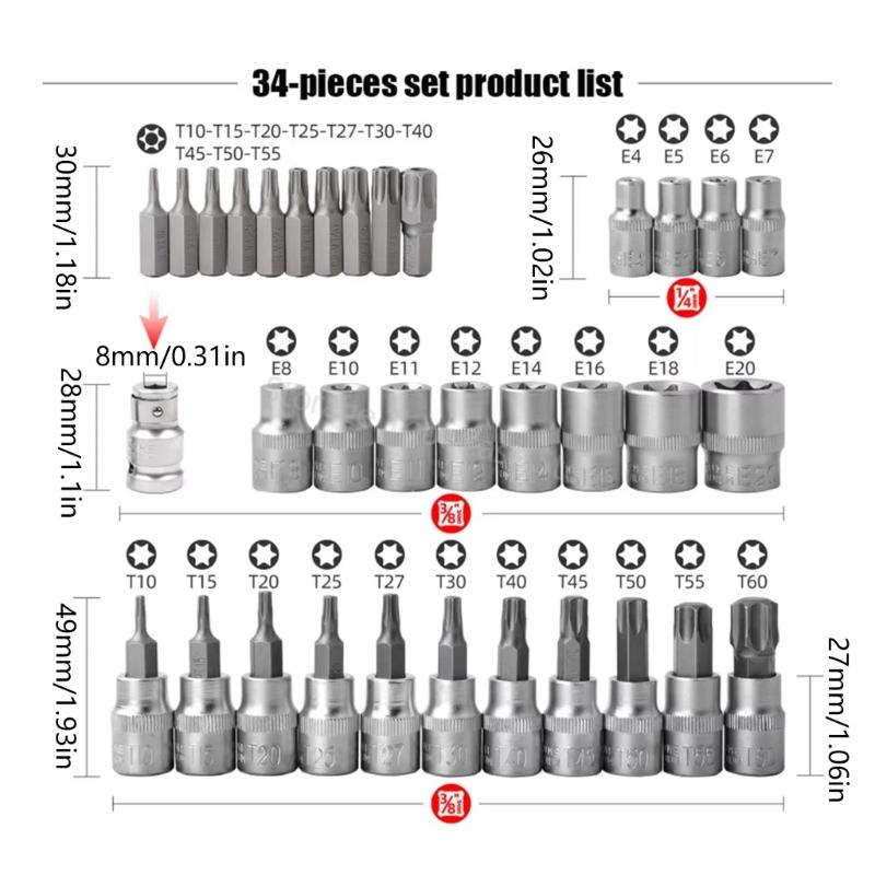 Complete 34Pieces 3/8'' Drive Socket and Bit Kit Male / Female with Storage Box for Home Repairs and Professional Use