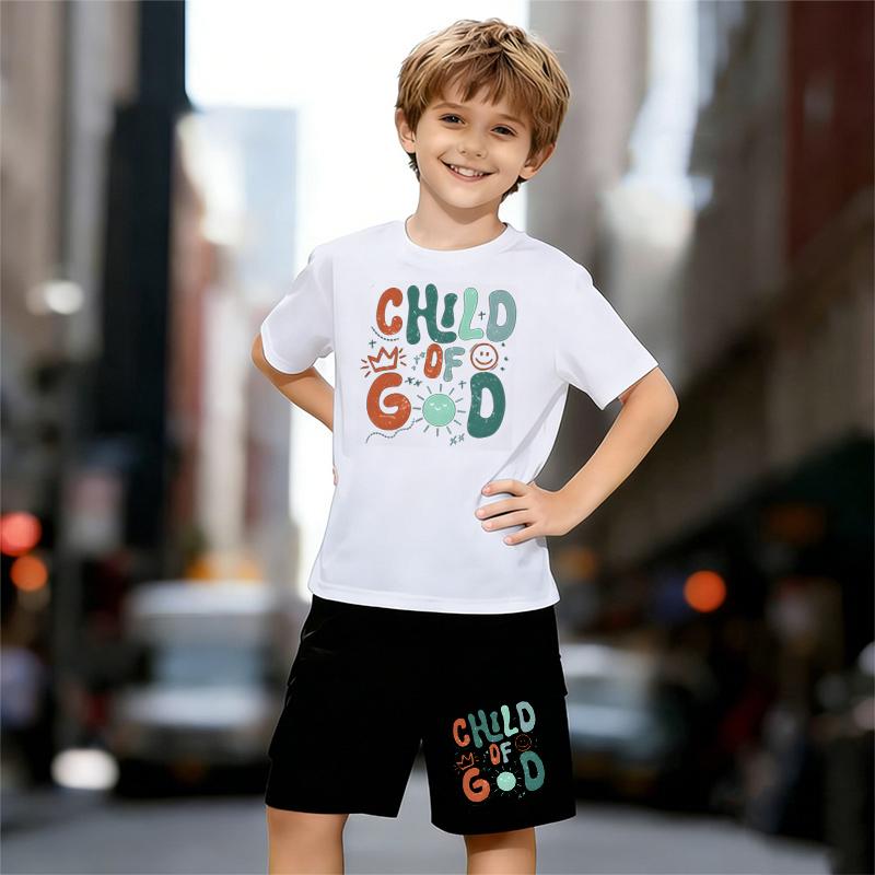 

Boys 2 Piece CHILD OF GOD Letter Print Outfit, Short Sleeve T-Shirt and Shorts Set for Kids Age 5-14,Black and White Sporty Casual Summer Clothes 13-14 Years