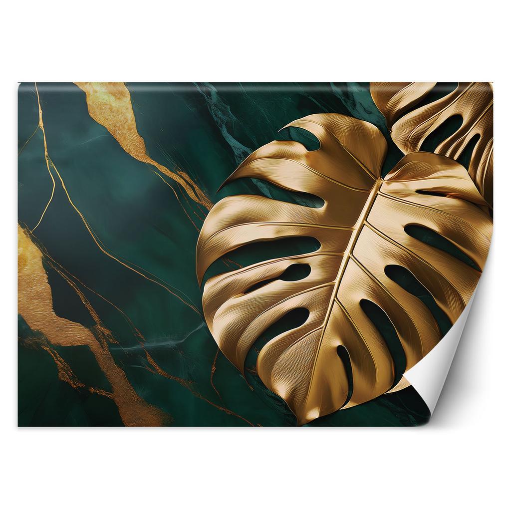 Wallpaper Monstera Gold Leaf On Green Marble Background