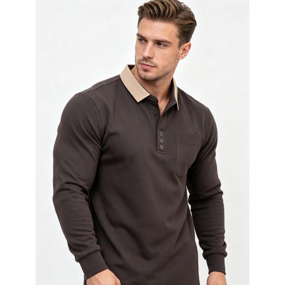 Men's Long Sleeve Polo Shirt with Chest Pocket - Contrast Collar Button Down Casual Top - Slim Fit Business Casual Pullover