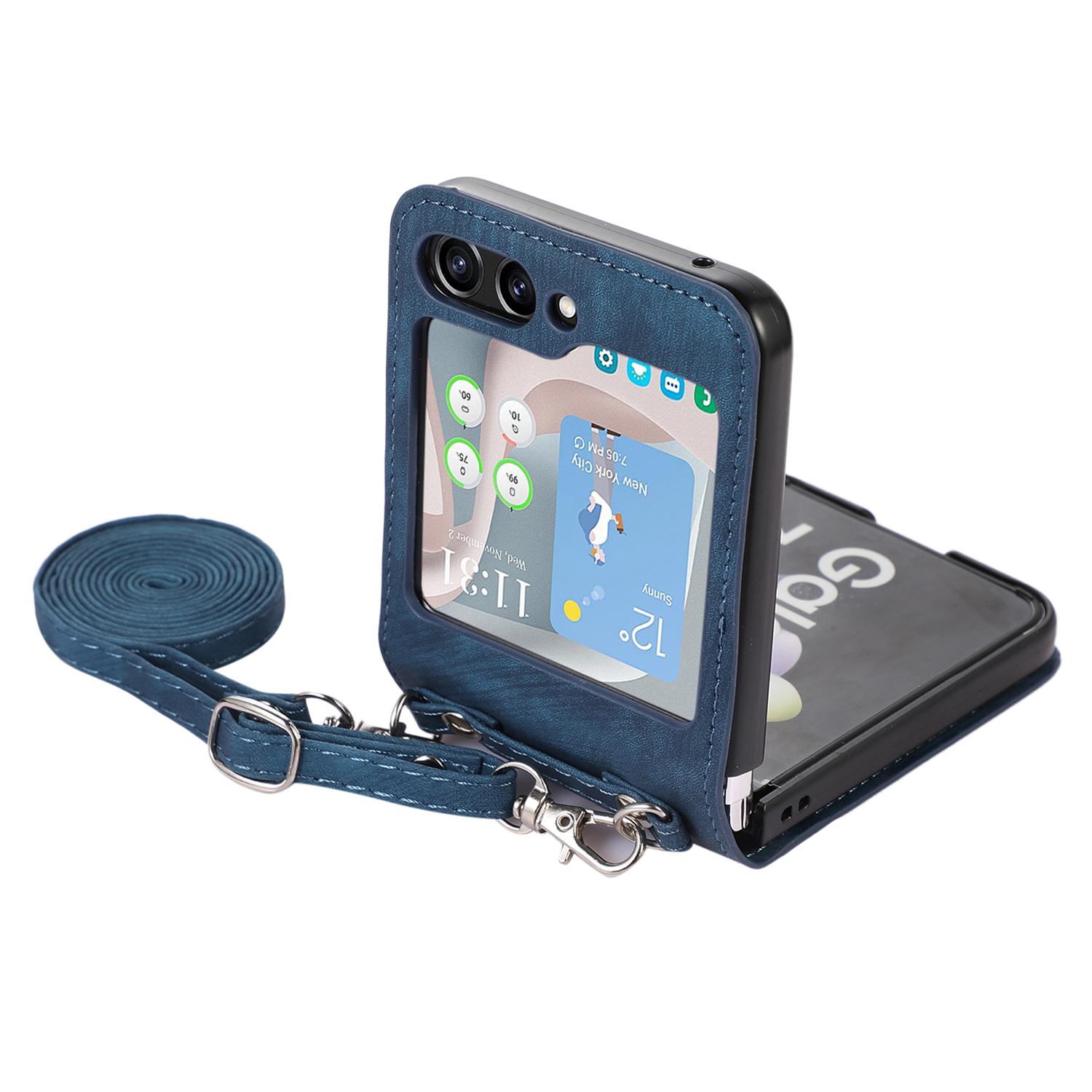 

For Samsung Galaxy Z Flip5 5G Skin Touch Phone Case Shockproof PU Leather PC Phone Cover with Shoulder Strap Blue