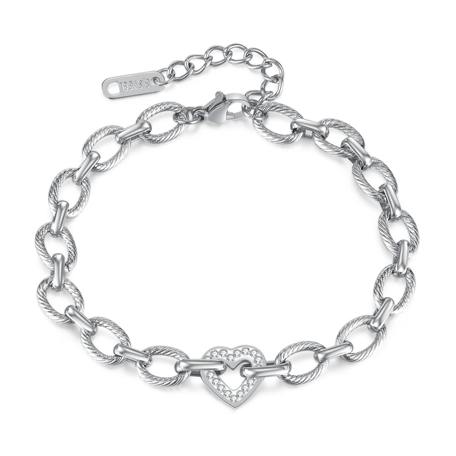 2026 European and American Fashion Commuter Style Bracelet Feminine High-end Sense of Love Inlaid Zircon Titanium Steel Hand Ornaments 18CM