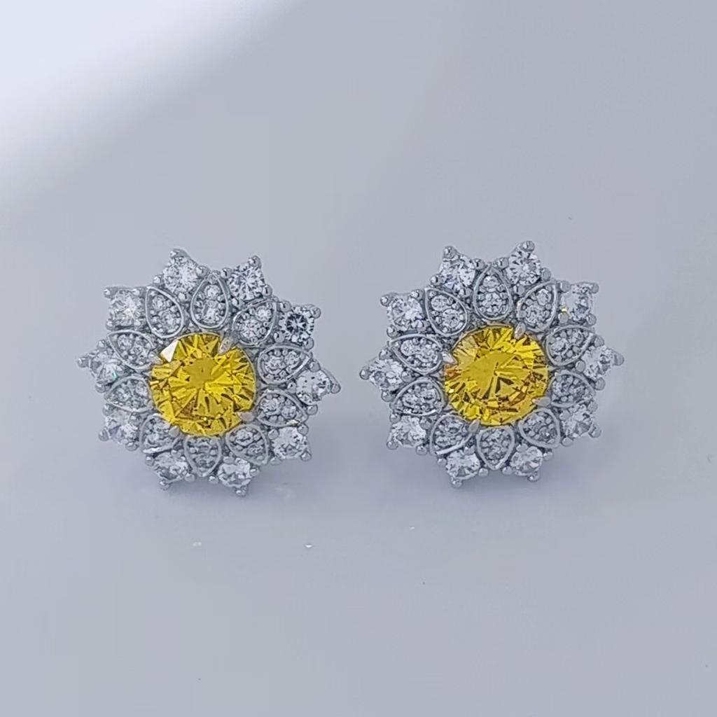 Fashion snow pollen diamond zircon stud earrings women's sunflower zircon flower earrings light luxury luxury high-end