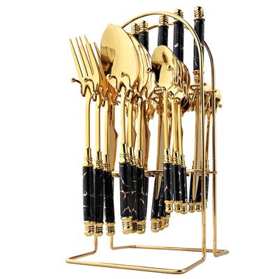 Gold Imitation Ceramic Dinnerware Set Stainless Steel Flatware Cutlery Set Knife Fork Spoon Luxury Tableware Set Storage Rack