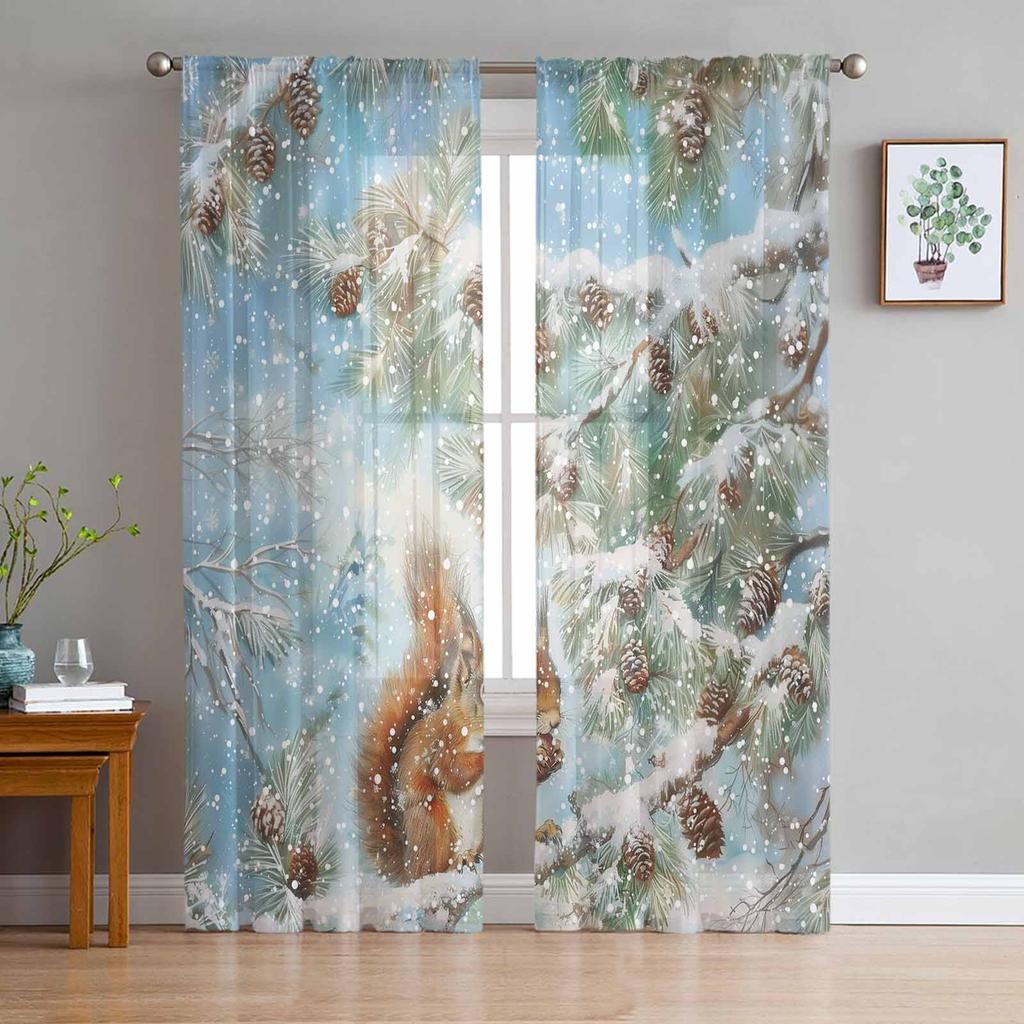 Snowing Winter Elk Christmas Tulle Curtains Living Room Decoration Bedroom Kitchen Window Treatment Sheer Made Of Polyester Area Decor